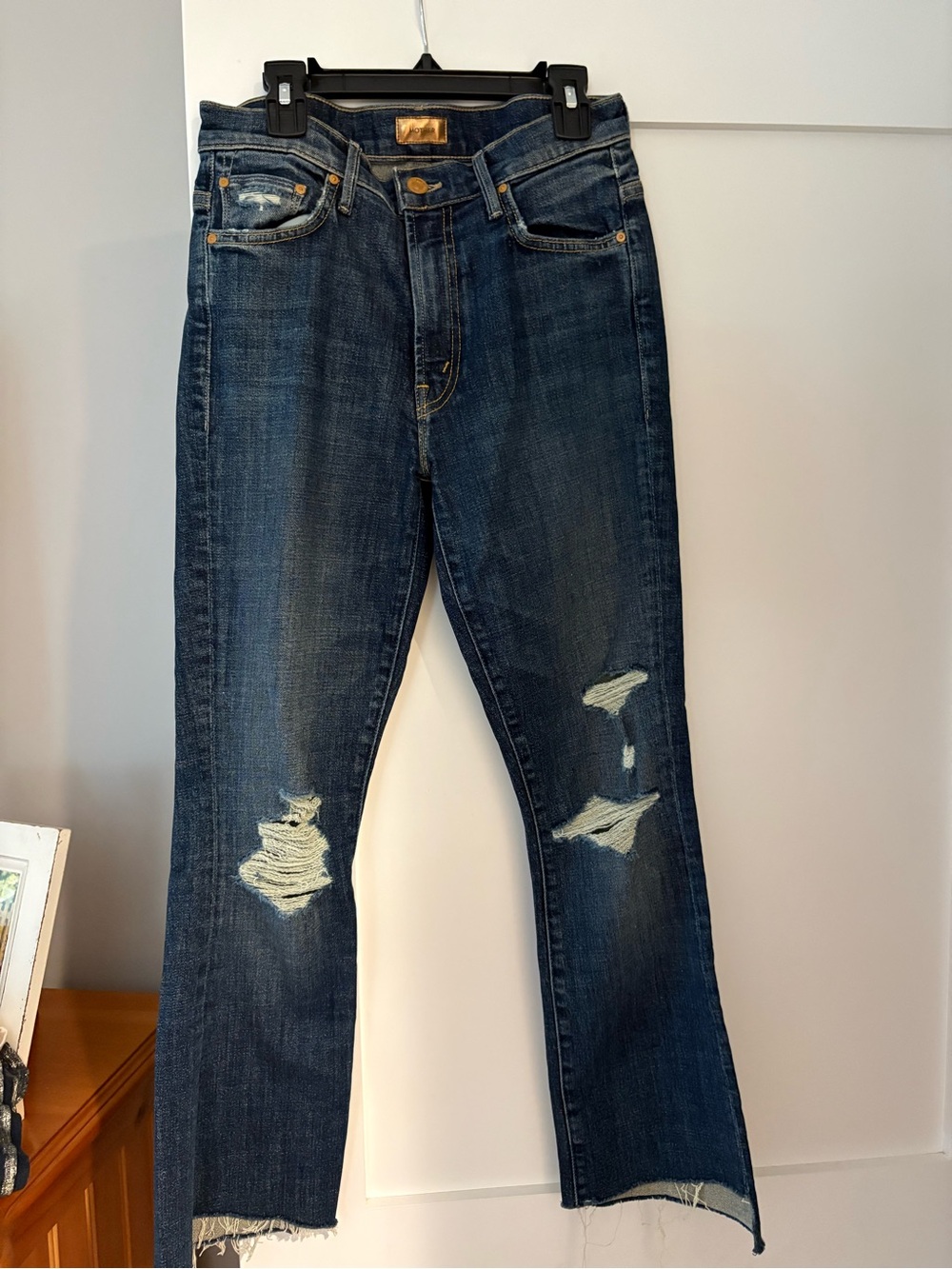 MOTHER Women's Dark Blue Distressed Bootcut Jeans